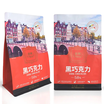 Kunststoffbeutel für den Einzelhandel Verpackung Ziplock Stehbeutel Schokoladenkoffeigusset Achtseitig versiegelt Flachbeutel mit Reißverschluss