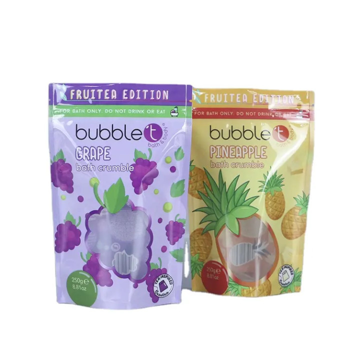 Custom gedruckte Stand-up verriegelbare Ziplock Plastikverpackungstüten mit klarem Fenster für für Body Scrub und Badsalze Verpackung