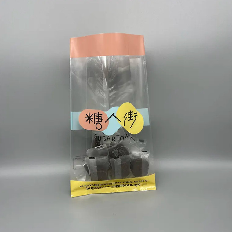Custom Back Seal Tasche Offene Seite Gusset Quad Siegel Stehen Sie auf Nahrungsmittel Nuss Snack Süßigkeiten Acht Seiten Siegel Transparente Plastiktüte